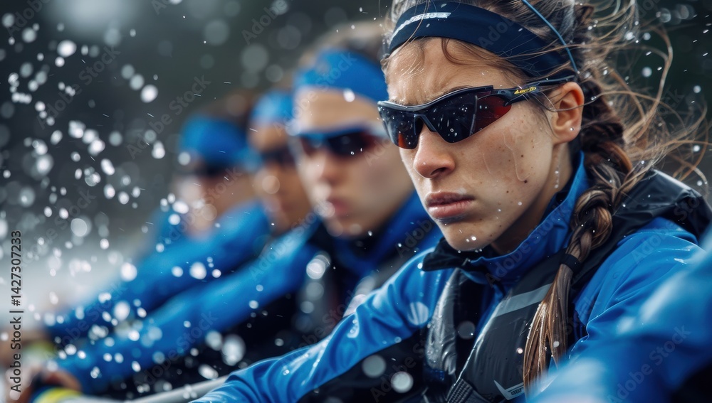 A wet all-female rowing team in blue and black rows hard. Splashes fly as one woman sports dark glasses on her head in the cold air. A wet all-female rowing team in blue and black rows hard. Splashes fly as one woman sports dark glasses on her head in the cold air.