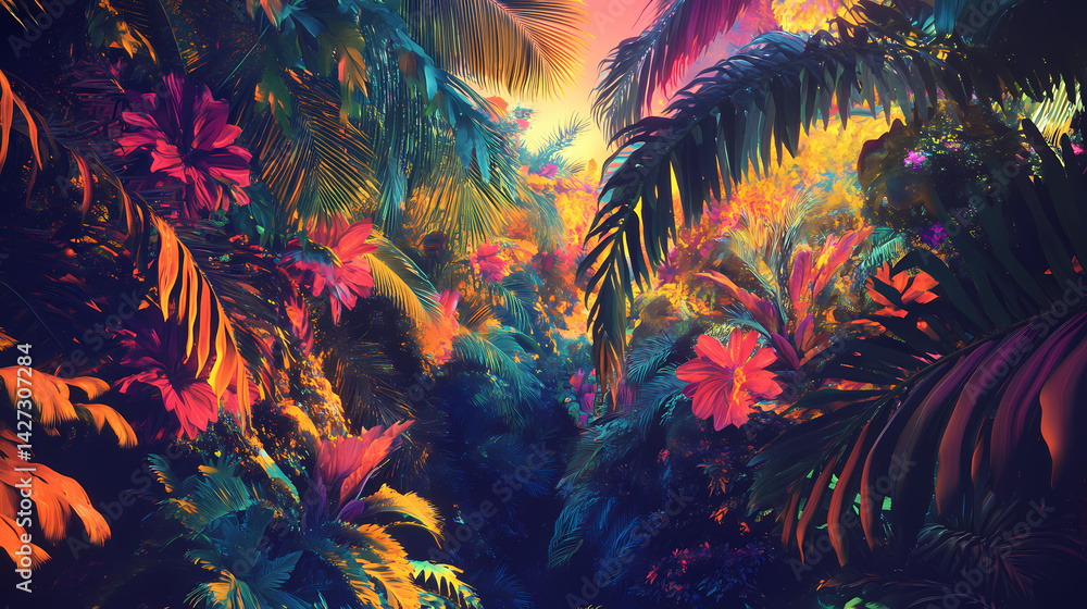 Fototapeta Surreal floral jungle canopy aglow with vibrant electric colors and lush foliage. Electric Flora. Illustration