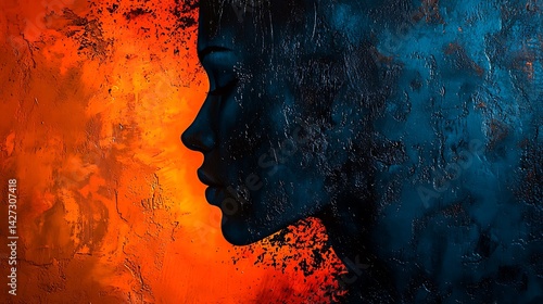 Abstract Female Profile Against Fiery Orange and Deep Blue Background