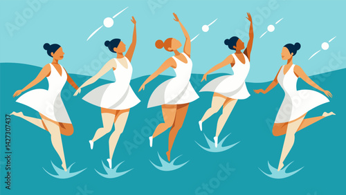 Dressed in matching flowy white dresses the synchronized swimmers gracefully dive into the refreshing waters of the outdoor pool creating a. Vector illustration