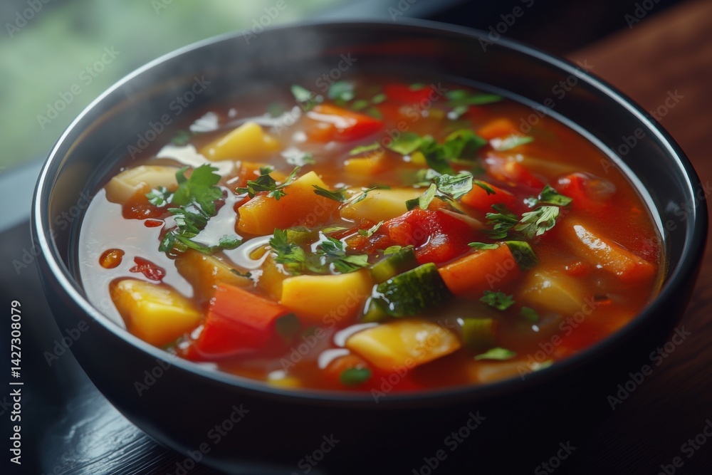 A steaming bowl of vibrant vegetable soup packed with fresh ingredients and herbs. A steaming bowl of vibrant vegetable soup packed with fresh ingredients and herbs.