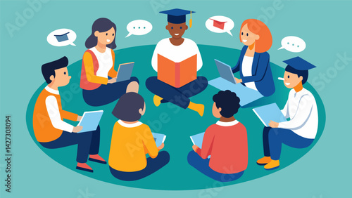 A group of students sit in a circle each passionately sharing their views on the rising cost of higher education.. Vector illustration