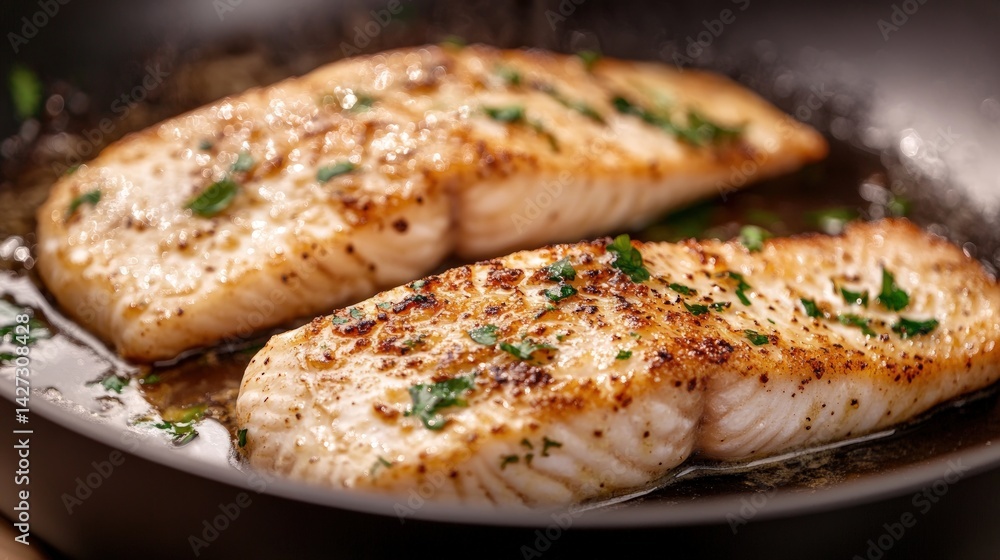 Pan-fried fish fillets, golden brown and crispy Pan-fried fish fillets, golden brown and crispy