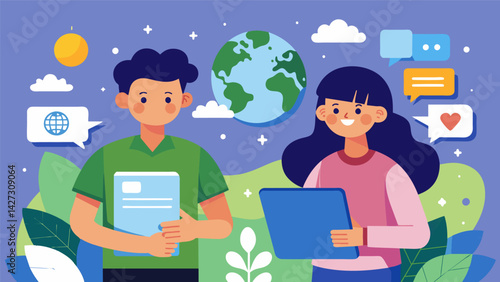 A pair of teens sharing educational resources and environmental facts on a social media platform to raise awareness about climate change.. Vector illustration