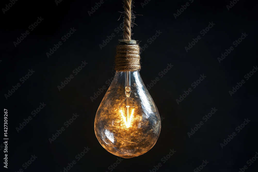 A light bulb hanging from a rope against a brick wall. A light bulb hanging from a rope against a brick wall.