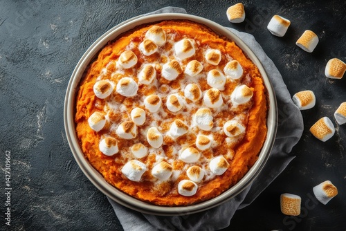 Delicious sweet potato casserole topped with toasted marshmallows, served on a dark textured surface.