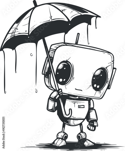 A cute cartoon robot holding an umbrella, designed in a playful black and white illustration.