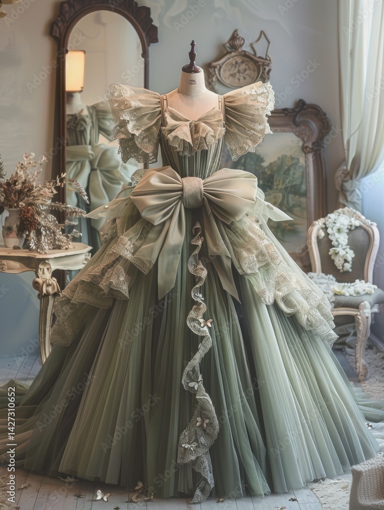 Frilled light green dress with a large bow, tulle layers, & lace butterflies on a mannequin in a dreamy pastel vintage setting. Frilled light green dress with a large bow, tulle layers, & lace butterflies on a mannequin in a dreamy pastel vintage setting.