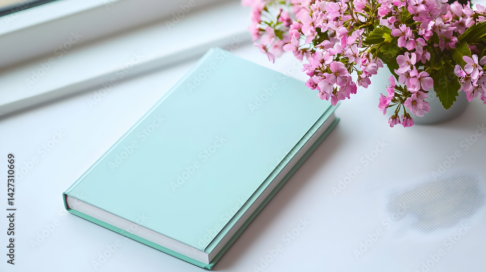 Fototapeta premium Mint Green Book With Pink Flowers On White Table
