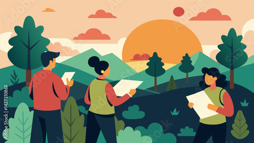 As the sun rises high in the sky the orienteers press on scanning their maps and carefully plotting their course through the dense thicket of trees. Vector illustration