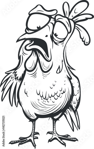 A humorous cartoon chicken character with an expressive and comical appearance.