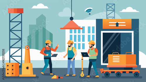 The sound of hammering and drilling echoing through the construction site as workers diligently work to install stateoftheart technology and systems. Vector illustration