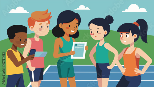 A group of middle school track and field athletes eagerly comparing their running times from a recent meet using a datadriven app.. Vector illustration