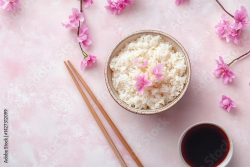 Wallpaper Mural Bowl of white rice garnished with cherry blossoms, surrounded by pink flowers and soy sauce, creating a serene vibe. Torontodigital.ca