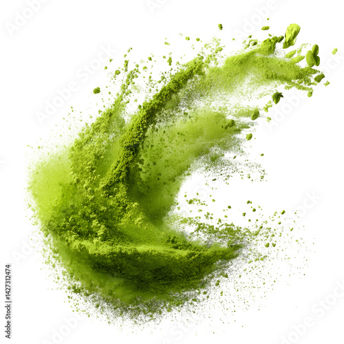 Matcha bright green powder flying, isolated on white background with clipping path --v 7.0