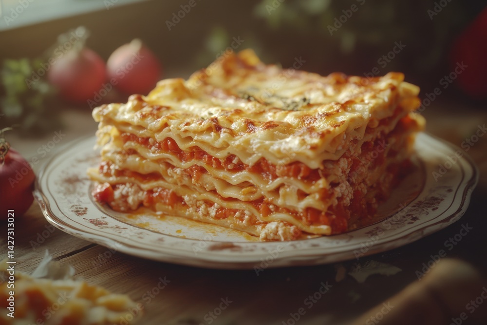 A delicious serving of homemade lasagna layered with rich sauce and cheese, perfect for a comforting meal.