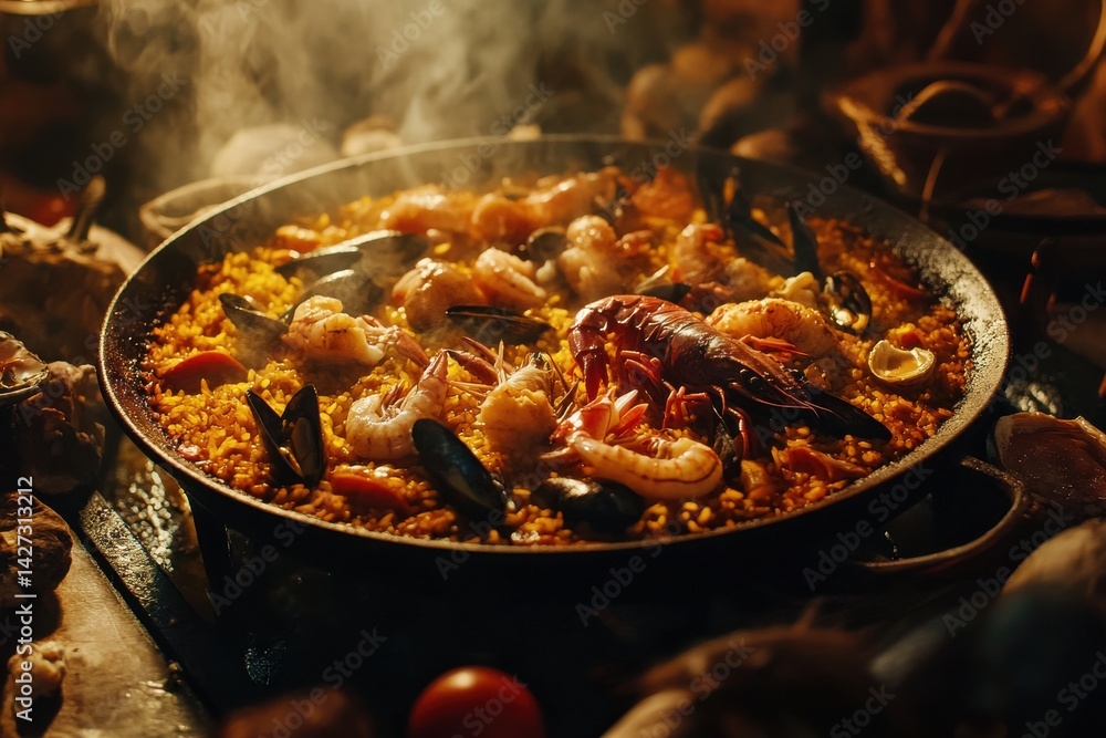 Fototapeta premium A vibrant seafood paella, showcasing shrimp, mussels, and lobster in a rustic pan with steam rising.
