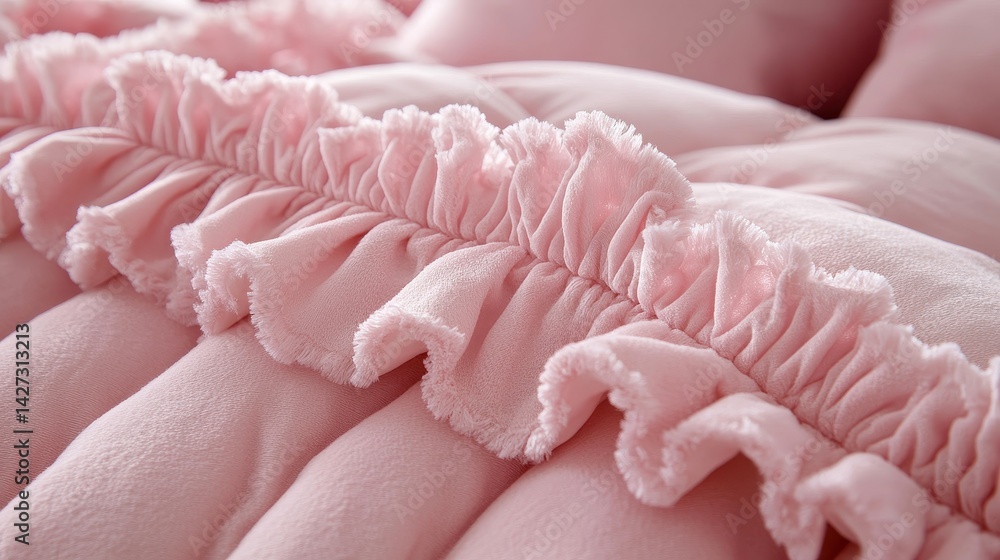 Soft, textured pink fabric with ruffled detailing creates a cozy and luxurious feel. A close-up view emphasizes the plushness Soft, textured pink fabric with ruffled detailing creates a cozy and luxurious feel. A close-up view emphasizes the plushness