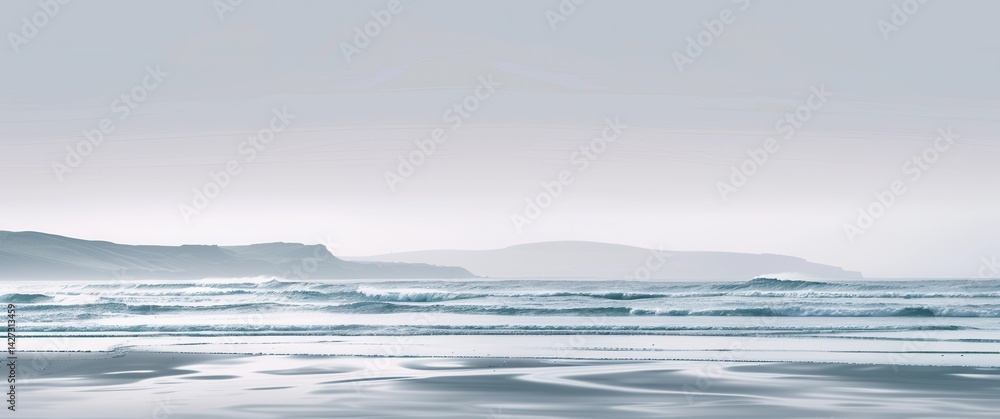 Flat design gray beach with soft gentle waves and distant hills, minimal details create a serene coastal scene. Flat design gray beach with soft gentle waves and distant hills, minimal details create a serene coastal scene.