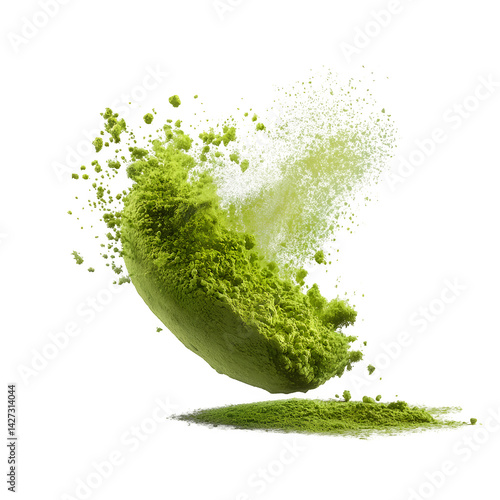 Matcha green powder flying, isolated on white background, clipping path --v 7.0