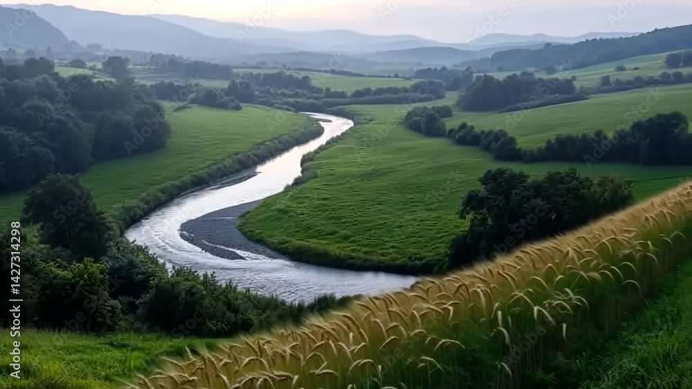 Winding River Through Green Fields with Golden Wheat Under Soft Sunlight Winding River Through Green Fields with Golden Wheat Under Soft Sunlight