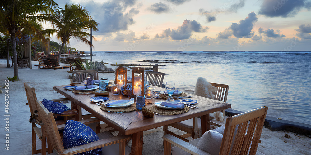 Fototapeta premium Romantic beach dinner setup with sunset view and elegant table setting
