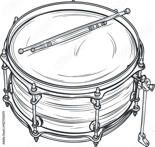 A detailed line drawing of a snare drum with a pair of drumsticks resting on top.