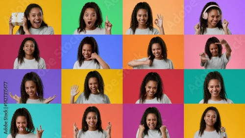 Wallpaper Mural Teenage girl showcases a range of emotions in a vibrant collage. She engages with various activities, reflecting the lively spirit of Gen Z in a creative and playful manner. Torontodigital.ca