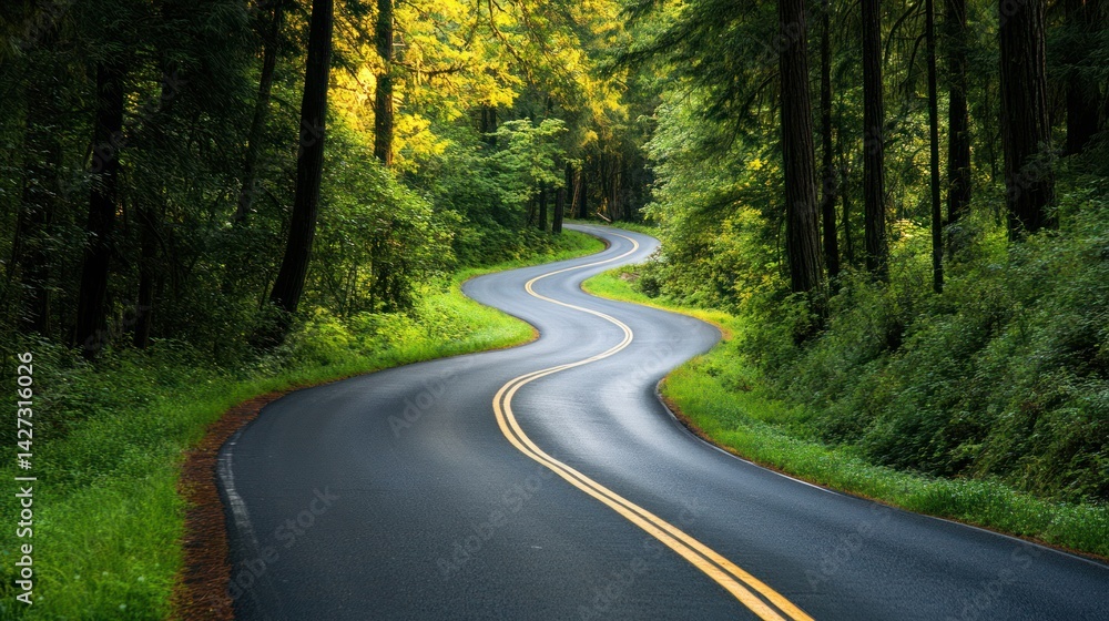 Winding asphalt path through lush forest offers scenic driving adventure Winding asphalt path through lush forest offers scenic driving adventure