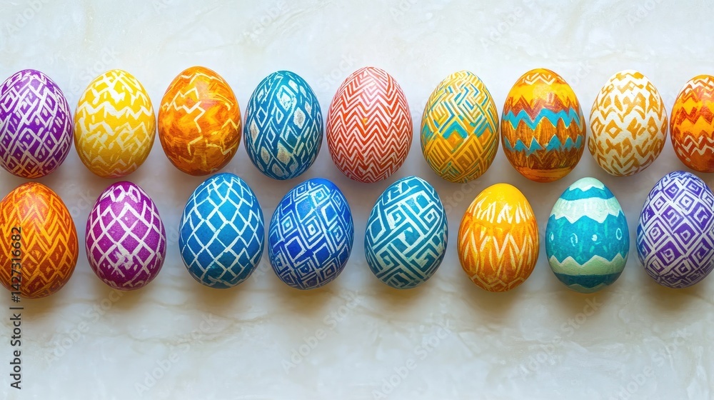 Fototapeta premium Bold geometric patterns on brightly colored Easter eggs laid out in zig-zag layout