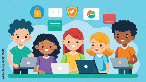A group of children brainstorm and create their own esafety posters to hang up in their classroom reminding their peers to stay safe online.. Vector illustration