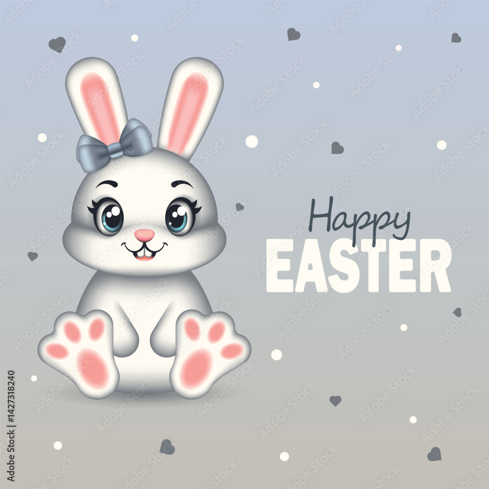 Obraz premium Sweet Easter card with a white sitting rabbit with a bow on the head. Symbol of Easter. Vector children's illustration.