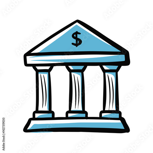 Bank building illustration featuring columns and a dollar sign representing finance and security