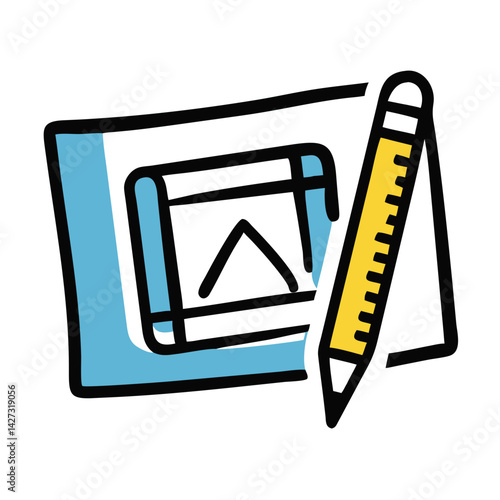 Design studio illustration featuring a sketchpad and pencil representing creativity and project development