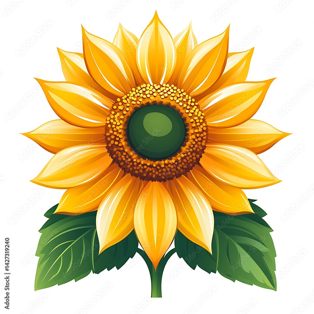 Photo Of Single Vivid Yellow Sunflower Bloom With Green Leaves On White Photo Of Single Vivid Yellow Sunflower Bloom With Green Leaves On White
