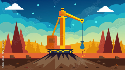 The powerful hydraulic system of the pile driver exerting incredible force as it pounds the pile into the ground.. Vector illustration