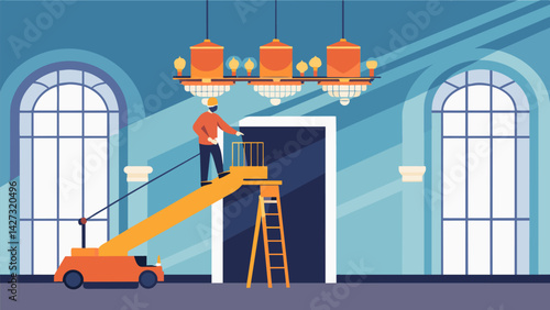 A worker using a boom lift to reach high ceilings and install stunning chandeliers in a luxurious newly built hotel lobby.. Vector illustration