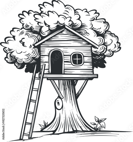 A whimsical illustration of a treehouse with a ladder surrounded by fluffy trees.