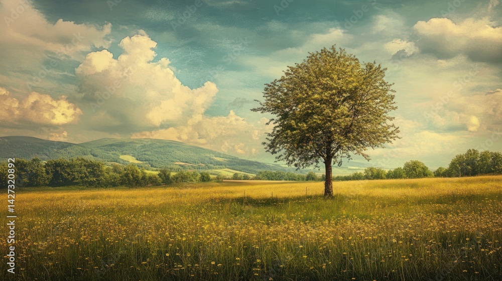 Fototapeta premium Serene meadow landscape with solitary tree and dramatic cloudy sky backdrop