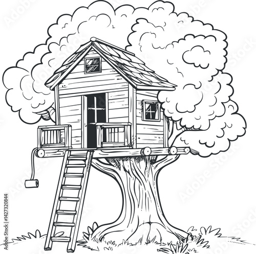 A charming illustration of a wooden treehouse nestled in a lush tree, perfect for children.