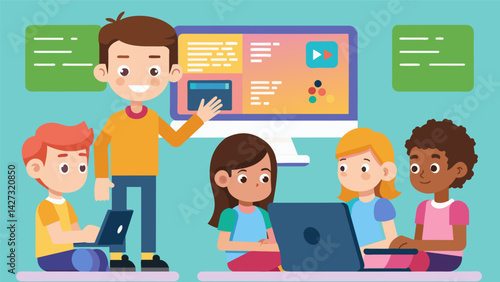 A workshop on basic coding skills teaching children the fundamentals of programming in a fun and interactive way at a youth coding symposium.. Vector illustration