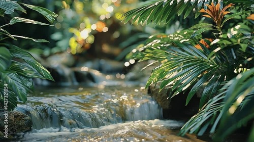 Tranquil Cascade in the Green Oasis: Captivating scene of a small, clear stream cascading over rocks in a lush, green oasis, evoking a sense of serene calmness and natural beauty.