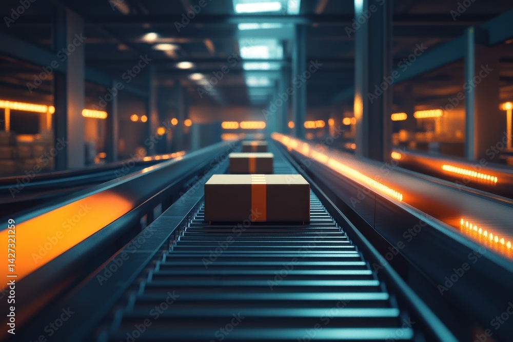 Fototapeta premium An automated conveyor belt with packages illuminated by warm orange lighting in a modern warehouse.