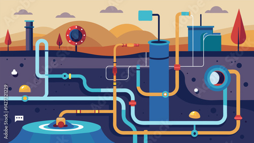The dugup ground reveals a tangle of pipes and wiring a glimpse into the complex underground infrastructure being created.. Vector illustration