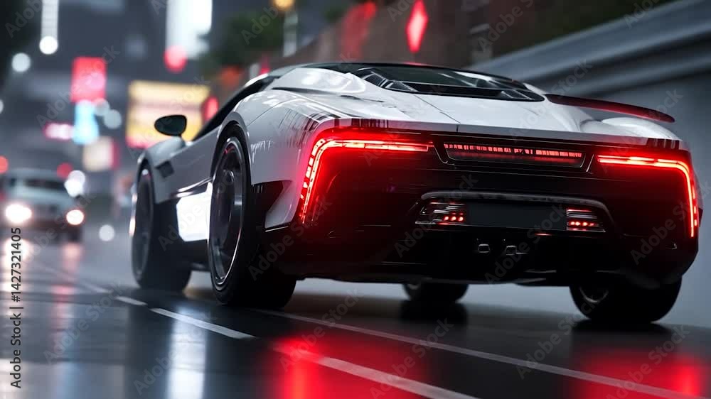 Silver Sports Car With Illuminated Red Taillights In City Tunnel At Night Reflective Road Surface And Neon Lights Silver Sports Car With Illuminated Red Taillights In City Tunnel At Night Reflective Road Surface And Neon Lights