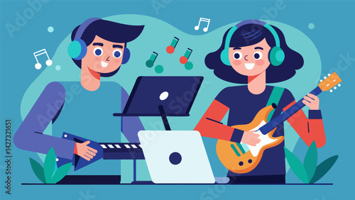 Playing virtual instruments together as two friends jam out on their tablets and create their own digital concert.. Vector illustration