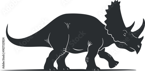 A silhouette illustration of a triceratops dinosaur walking in a stylized design.