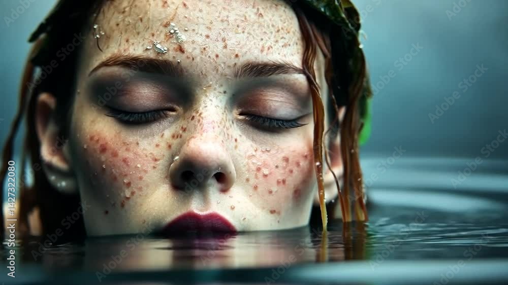 Close Up Portrait of a Woman with Red Freckles in Water with Closed Eyes Close Up Portrait of a Woman with Red Freckles in Water with Closed Eyes
