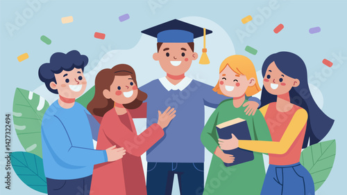 An emotional student surrounded by family and friends receiving a donation towards their education costs through their crowdfunding page.. Vector illustration