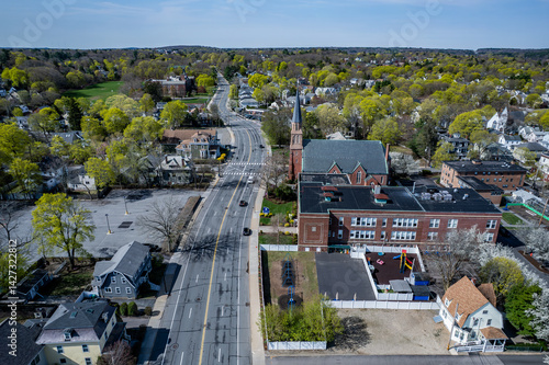 Aerial view of Newton, Massachusetts in spring